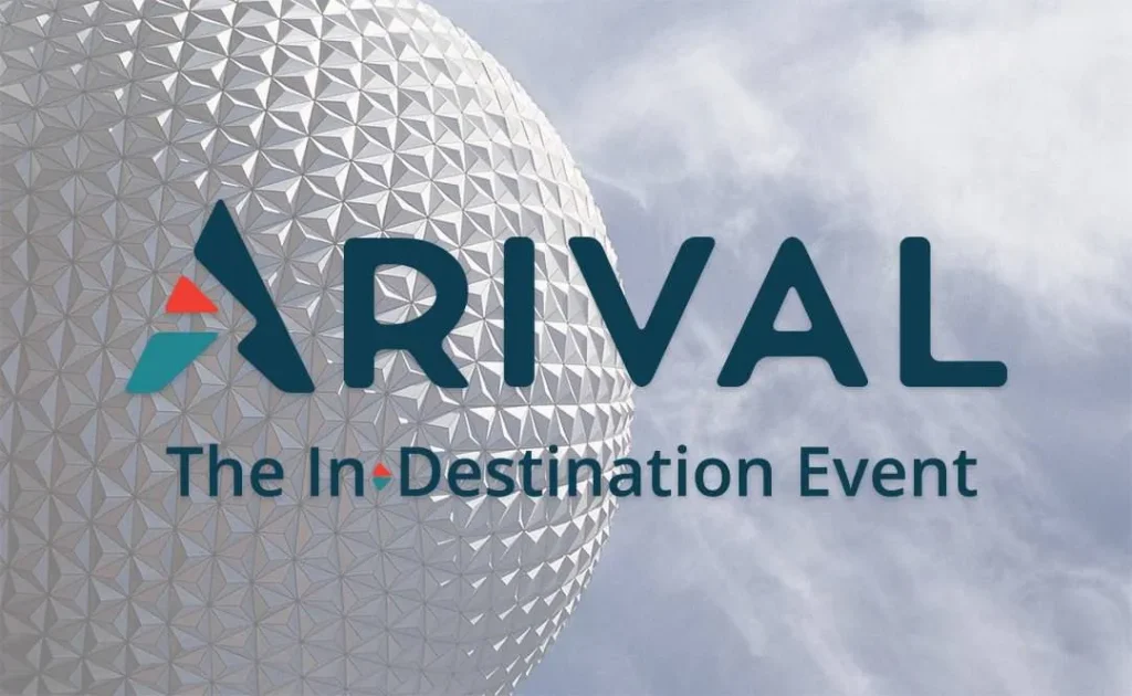 Geodesic dome structure with 'ARRIVAL The In-Destination Event' logo overlay.
