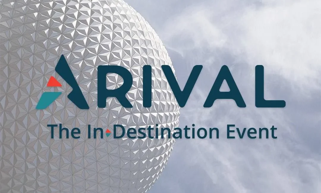 Geodesic dome structure with 'ARRIVAL The In-Destination Event' logo overlay.