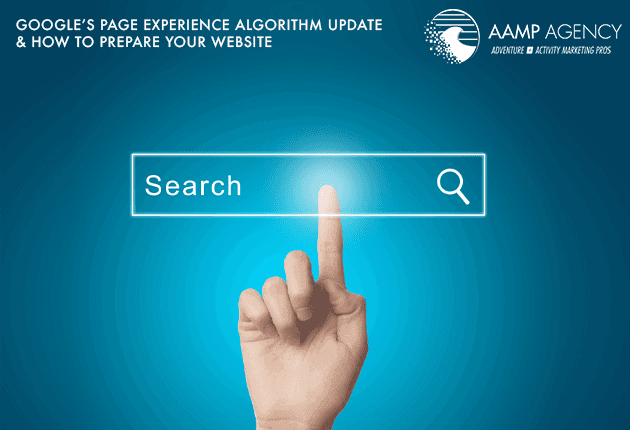 A hand pressing a virtual "Search" button with Google's page experience update info and AAMP Agency logo.