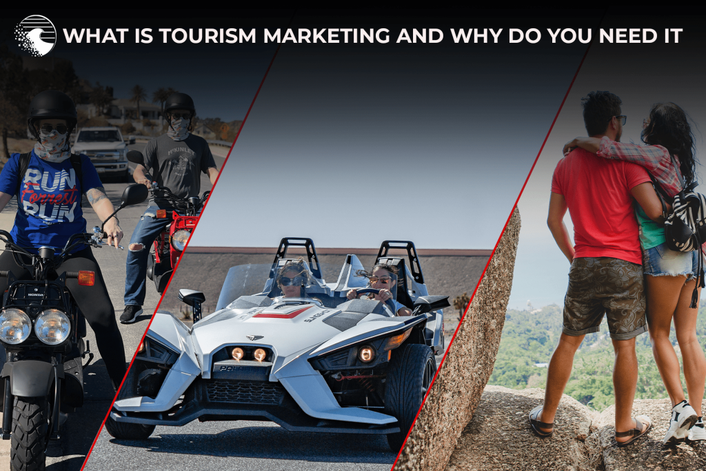 People engaging in various outdoor adventure activities, including motorcycle riding, driving a sporty vehicle, and exploring scenic areas