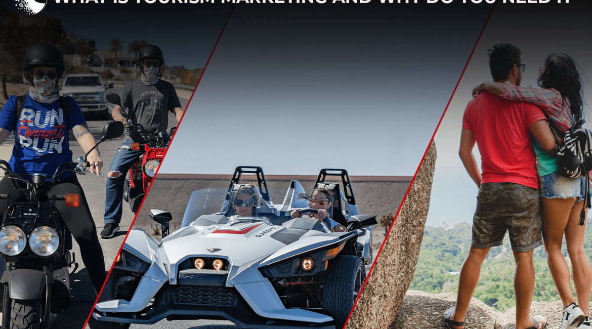AAMP Agency - What Is Tourism Marketing And Why Your Business Needs It 4 People engaging in various outdoor adventure activities, including motorcycle riding, driving a sporty vehicle, and exploring scenic areas