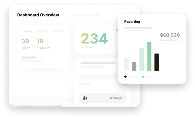 Dashboard overview showing ticket sales and a financial reporting graph