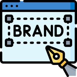 Icon of a software interface with the word "Brand" and a pen tool symbolizing graphic design and branding concepts.