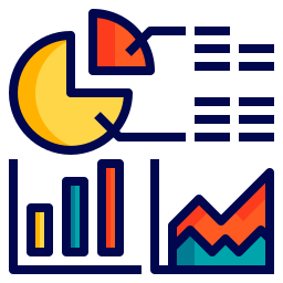 Icon depicting various data visualization elements including pie charts, bar graphs, line graphs, and data tables.