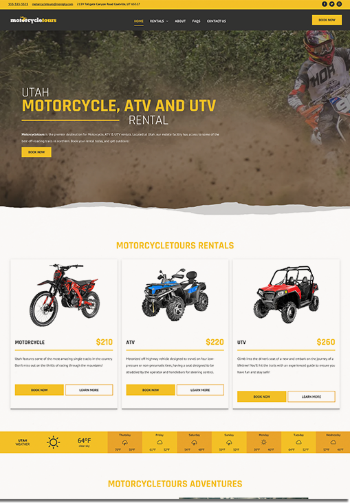 Website homepage of Motorcycle Tours, featuring rental options for a motorcycle, ATV, and UTV in Utah, with pricing and booking information.