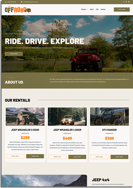 Off-road vehicle rental website homepage featuring images of Jeeps and UTV for rent, showcasing off-road adventure options and pricing details.