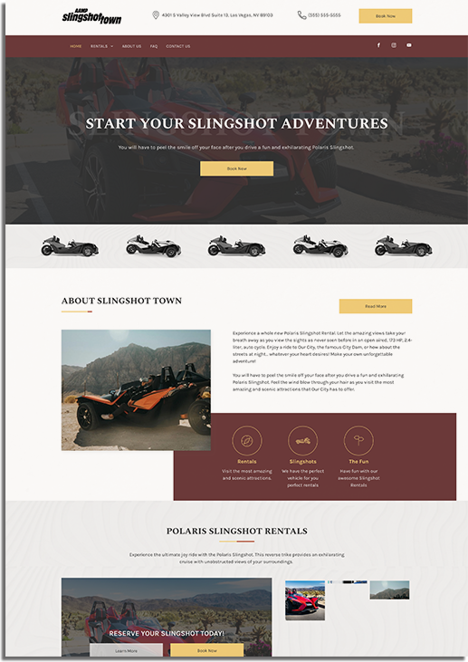 Website homepage for Slingshot vehicle rentals, featuring Polaris Slingshot information, rental options, and adventure experiences in Las Vegas.