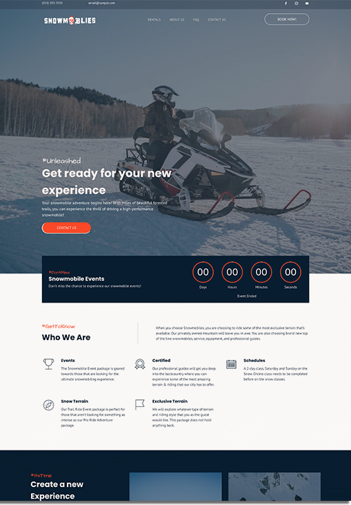 Snowmobile enthusiast riding on snowy terrain, promoting snowmobile adventures and events.