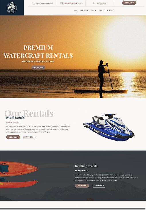 Website homepage for premium watercraft rentals featuring a silhouette of a person paddleboarding on a lake during sunset
