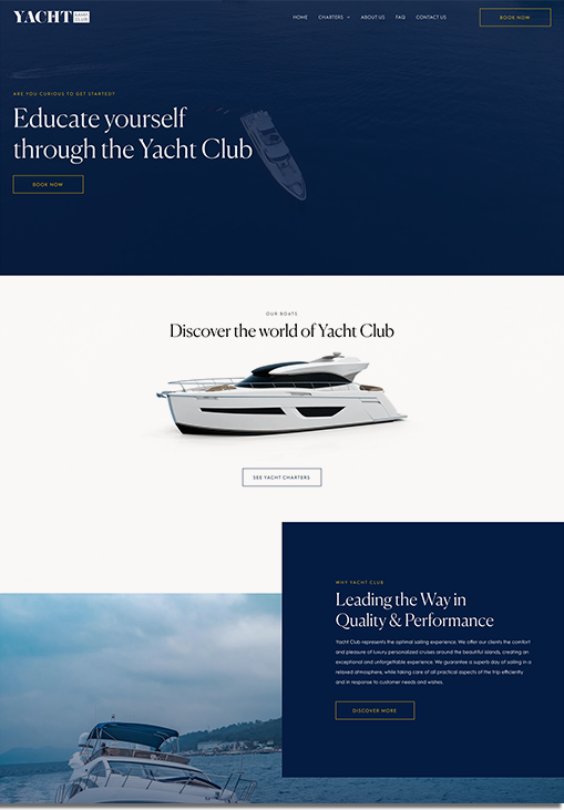 Yacht club website homepage design with images of luxury yachts promoting charters and educational experiences.