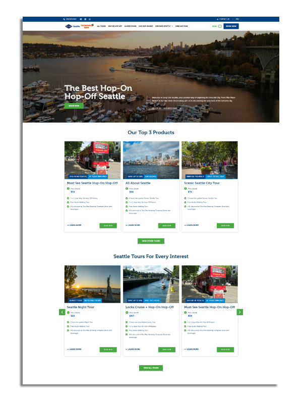A web page promoting Seattle's hop-on hop-off tours, featuring listings, images, and user-friendly navigation. Scenic waterfront backdrop included.