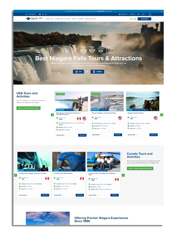Website showcasing Niagara Falls tours and attractions with sections for USA and Canada activities, featuring images and booking options.