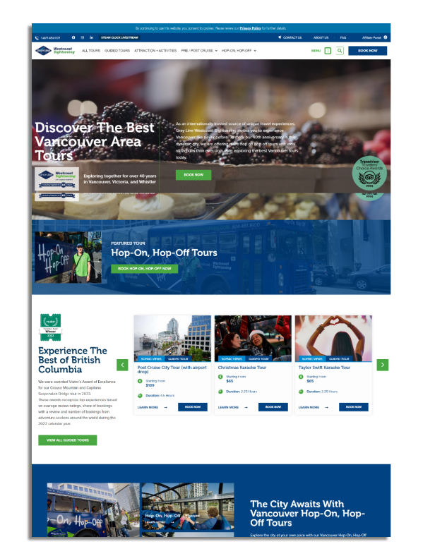 Screenshot of a website promoting Vancouver-area tours, featuring vibrant images and options for "Hop-On, Hop-Off" tours.