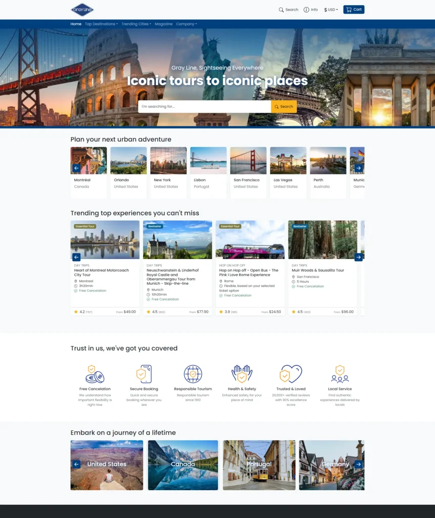 Screenshot of a travel website featuring urban adventure tours, trending experiences, and trust elements like secure booking and responsible tourism.