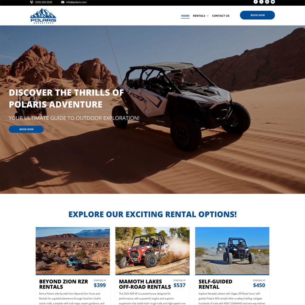 Conceptual web design for an ATV rental company by AAMP Agency, emphasizing engaging graphics and easy access to services.