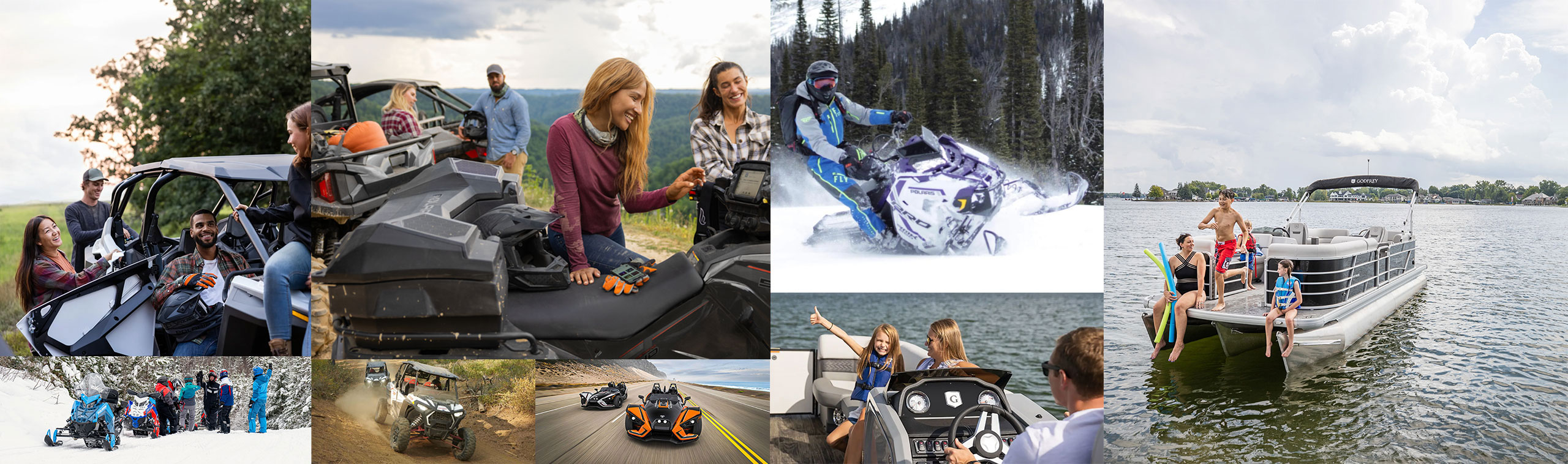 A collage featuring people enjoying snowmobiles, a boat, and a jet ski, old polaris outdoor fun by AAMP Agency.