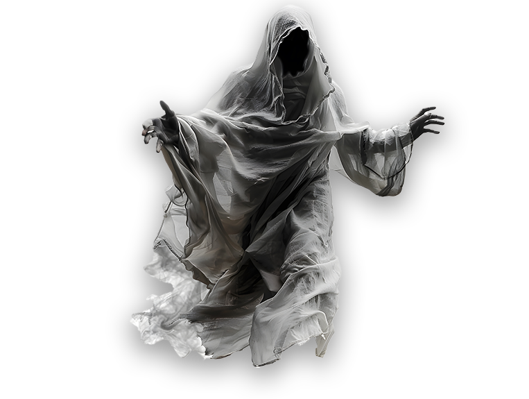 A hooded, translucent ghost in a flowing grey shroud, reaching out with both arms