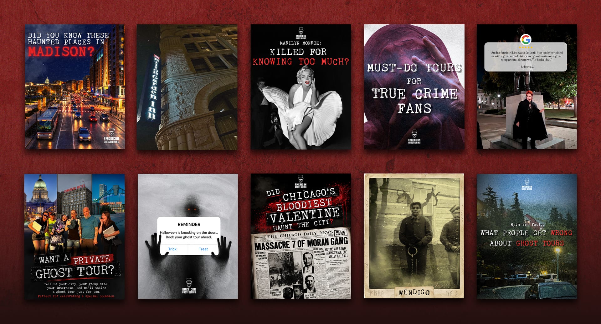 American Ghost Walks social media posts: haunted places in Madison, Marilyn Monroe, Chicago’s bloodiest Valentine, true crime tours, private ghost tours and a guest review