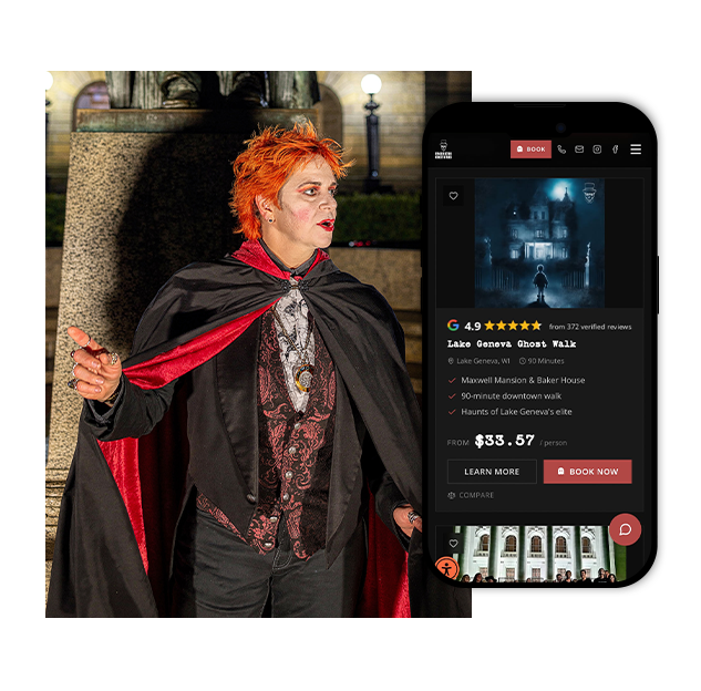 An American Ghost Walks guide in a red-lined cape next to a phone showing the Lake Geneva Ghost Walk tour on the new website