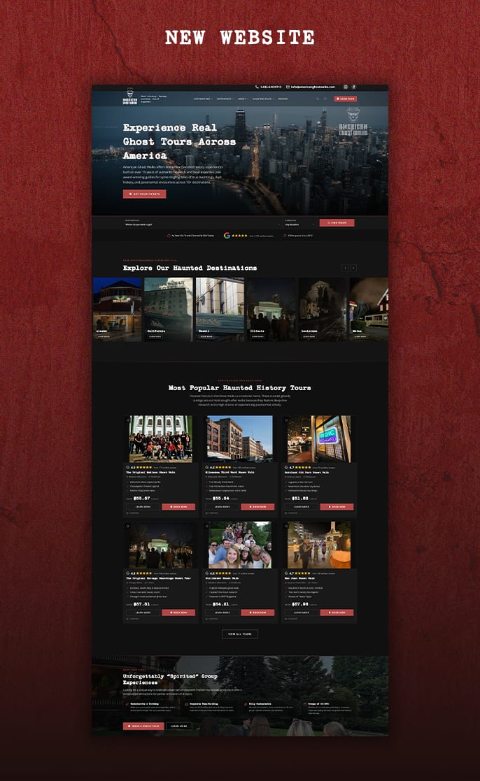 American Ghost Walks’ new website homepage: Experience Real Ghost Tours Across America, haunted destinations and the most popular tours