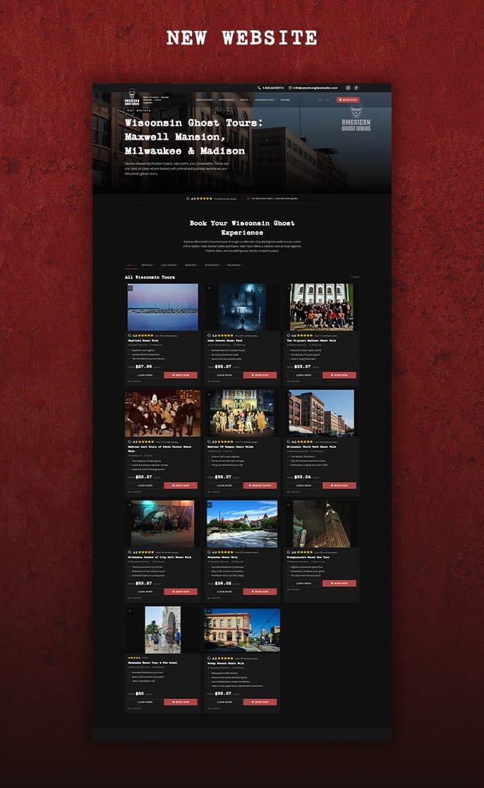 American Ghost Walks’ new website: the Wisconsin ghost tours page with tour cards and prices