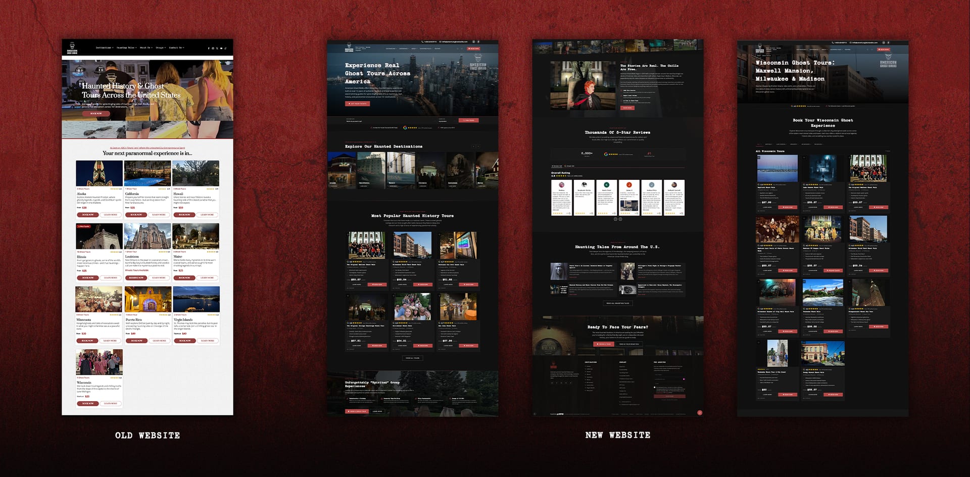 American Ghost Walks’ old website next to three pages of the new custom website