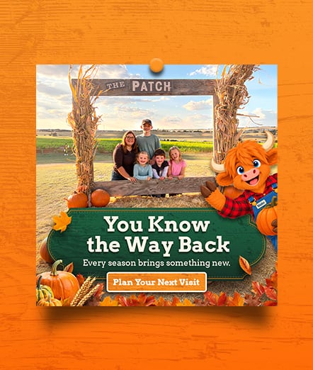 The Patch ad “You Know the Way Back”: a family in The Patch photo frame, with Walter the steer