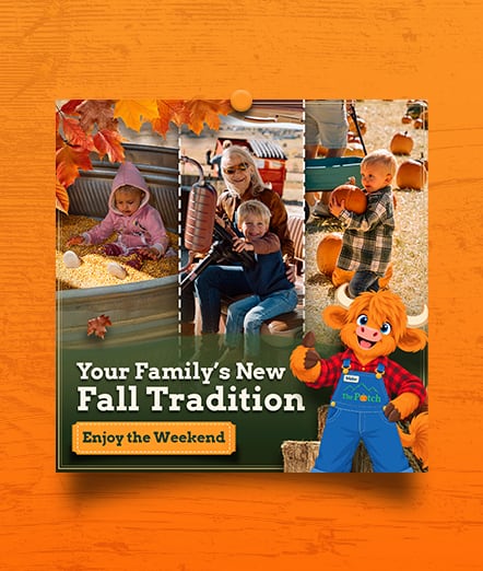 The Patch ad “Your Family’s New Fall Tradition”: kids in the corn crib, on a farm truck and in the pumpkin patch