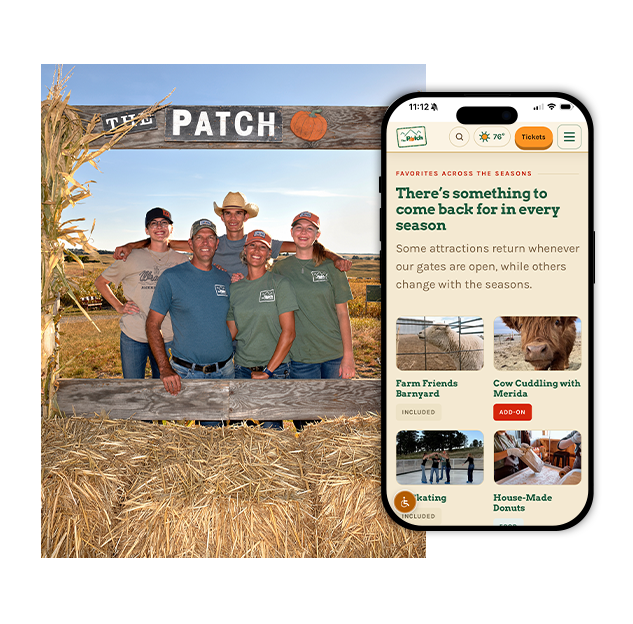 The Smith family in The Patch photo frame next to a phone showing the new website’s seasonal attractions