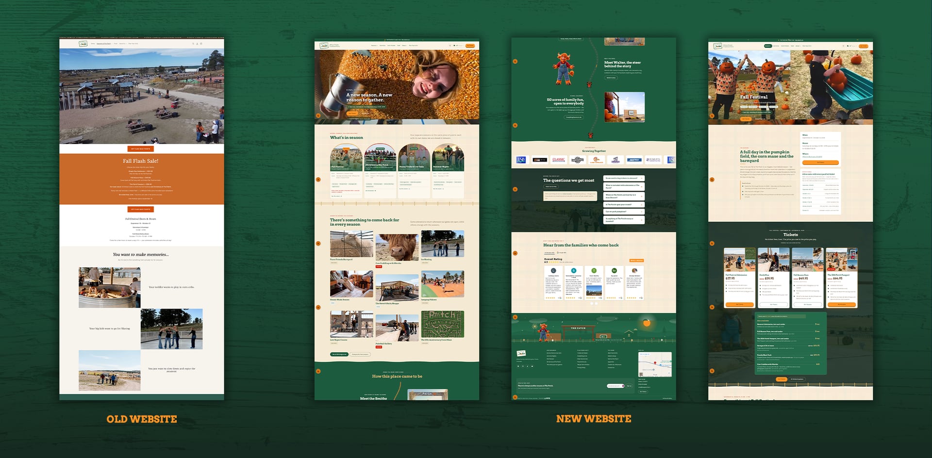 The Patch’s old website next to three pages of the new custom website