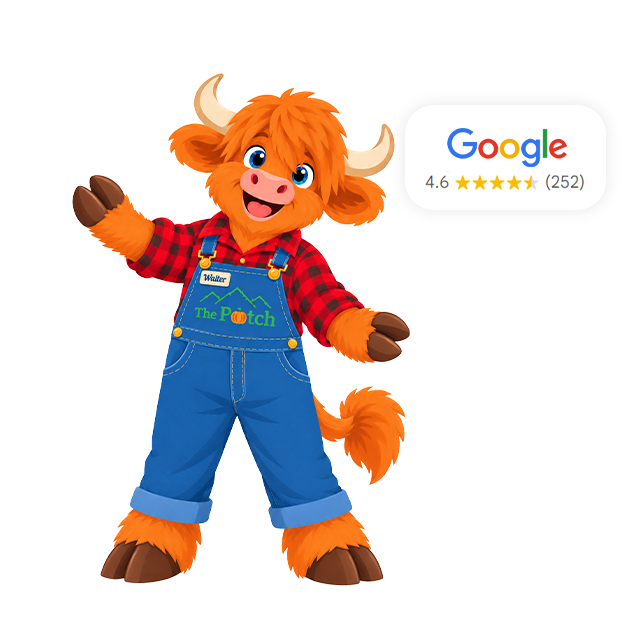 Walter the steer in The Patch overalls next to The Patch’s 4.6-star Google rating from 252 reviews